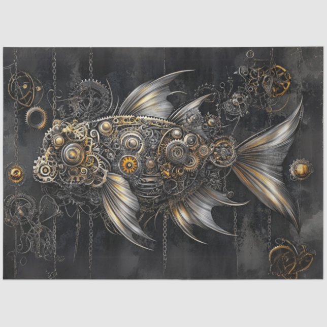 Decoupage Steampunk Fish Silver Gold Metallic Tissue Paper (Front)