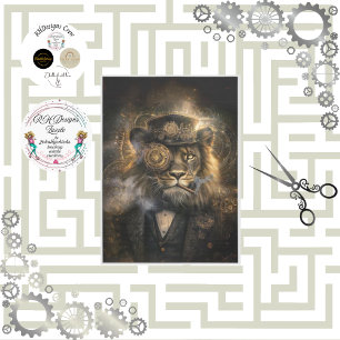 Decoupage Steampunk Lion Intricate Gears Cigar Tissue Paper