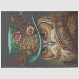 Decoupage Steampunk Owl Teal & Feathered Hat Tissue Paper