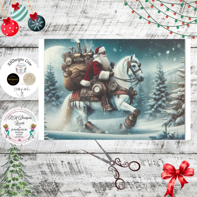 Decoupage Steampunk Santa Riding White Horse  Tissue Paper (Creator Uploaded)