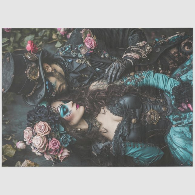 Decoupage Steampunk Valentine Couple Teal Black Tissue Paper (Front)