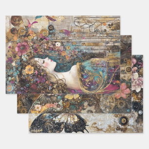Decoupage Steampunk Victorian Lady Butterfly Wrapping Paper Sheets