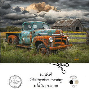 Decoupage Stormy Sky Rusty Teal Truck Barn Scene Tissue Paper
