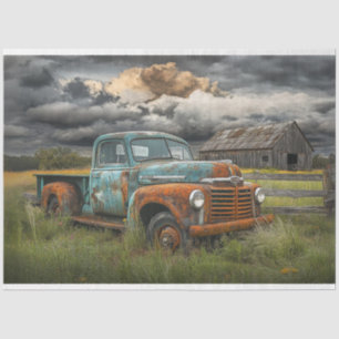 Decoupage Stormy Sky Rusty Teal Truck Barn Scene Tissue Paper