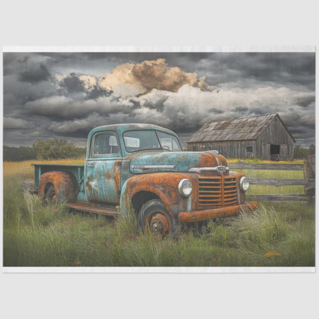 Decoupage Stormy Sky Rusty Teal Truck Barn Scene Tissue Paper (Front)