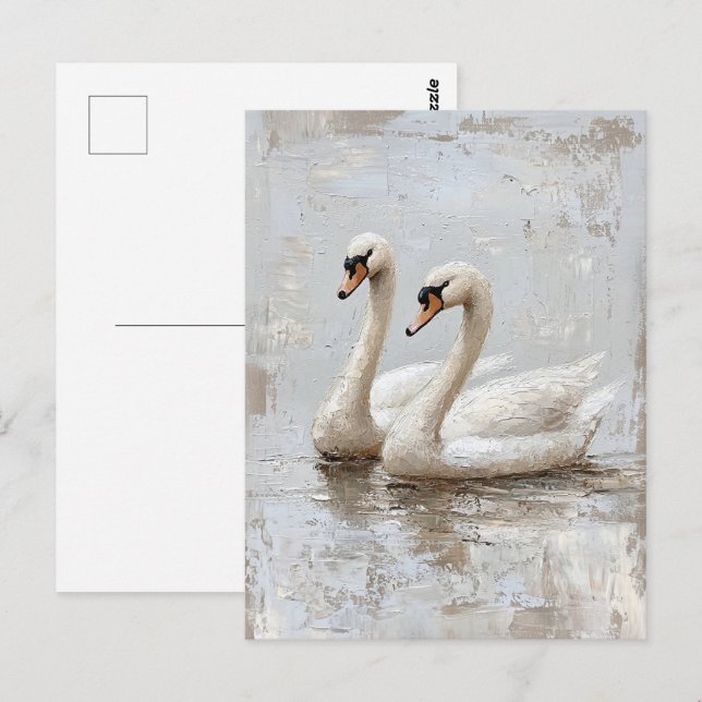 Decoupage Swan Pair Oil Painting Postcard (Front/Back)