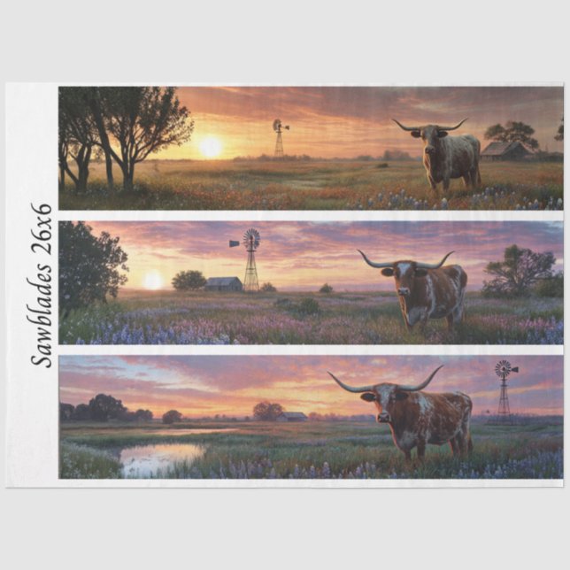 Decoupage Texas Longhorn Wildflowers Handsaws Tissue Paper (Front)