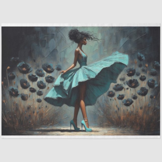 Decoupage Tissue Paper Aqua Blue Poppies Woman (Front)