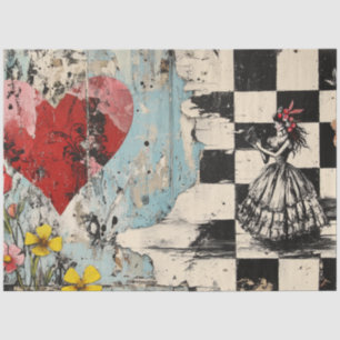 Decoupage Valentine Red Heart Checkered Pattern Tissue Paper
