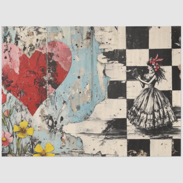 Decoupage Valentine Red Heart Checkered Pattern  Tissue Paper (Front)