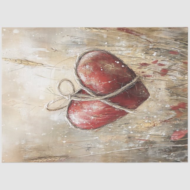 Decoupage Valentine Rustic Heart with Twine Tissue Paper (Front)