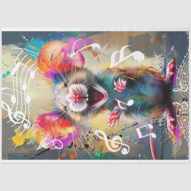 Decoupage Vibrant Colored Singing Mouse  Tissue Paper (Front)