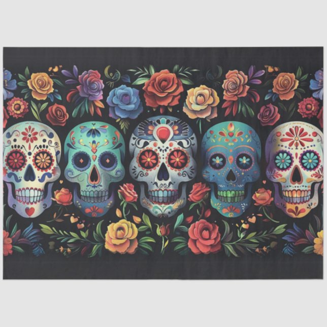 Decoupage Vibrant Day of Dead Skulls Folk Art Tissue Paper (Front)