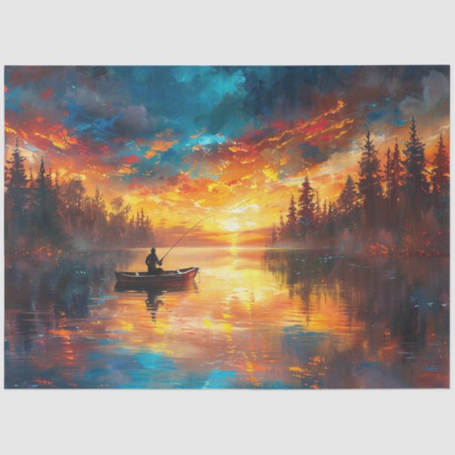 Decoupage Vibrant Fishing Scene Lake View  Tissue Paper (Front)