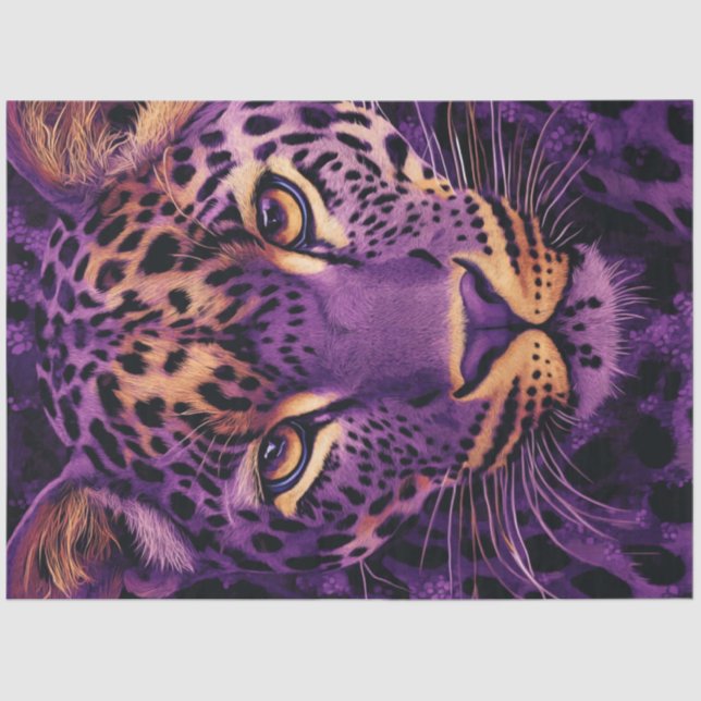 Decoupage Vibrant Purple Leopards Face Gold Leaf Tissue Paper (Front)