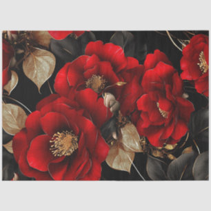 Decoupage Vibrant Red Roses Golden & Dark Leaves Tissue Paper
