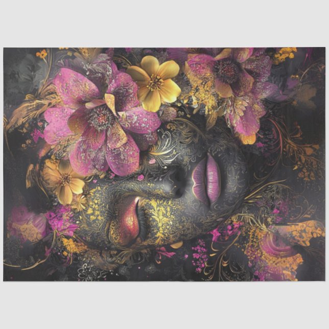 Decoupage Vibrant Woman Intricate Floral Designs  Tissue Paper (Front)