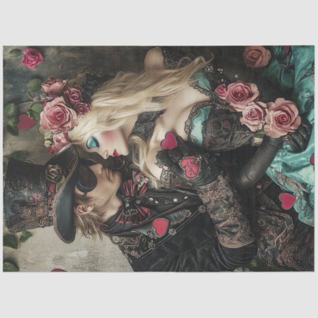 Decoupage Victorian Valentine Couple Red & Black  Tissue Paper (Front)