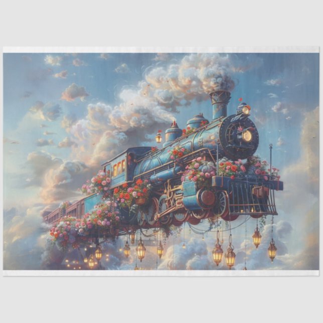 Decoupage Vintage Celestial Express Flying Train  Tissue Paper (Front)