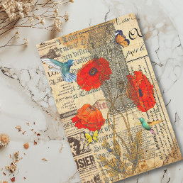  Decoupage Vintage Ephemera Poppy Hummingbird Tissue Paper