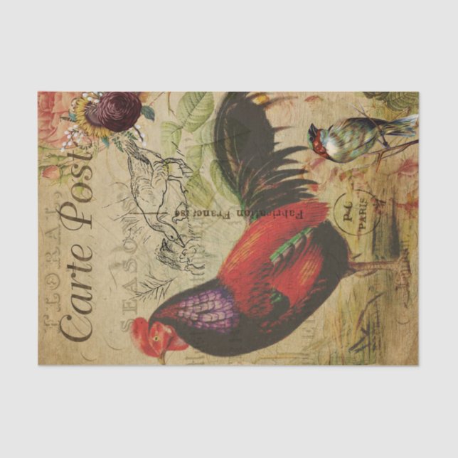  Decoupage Vintage Ephemera Rooster Farm postcard Tissue Paper (Front)