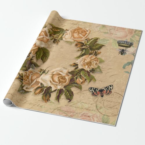 Decoupage Vintage Floral Autumn Gold Rose Ephemera Wrapping Paper