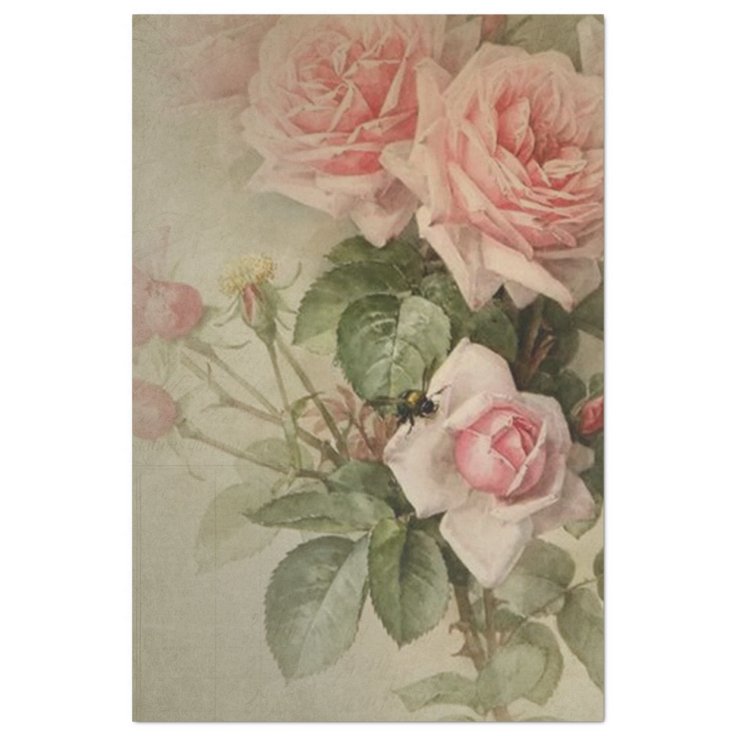 Decoupage Vintage Floral Pink Rose Bee Sage Leaves Tissue Paper | Zazzle