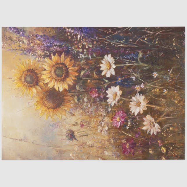 Decoupage Vintage Painting Sunflower & Wildflowers Tissue Paper (Front)