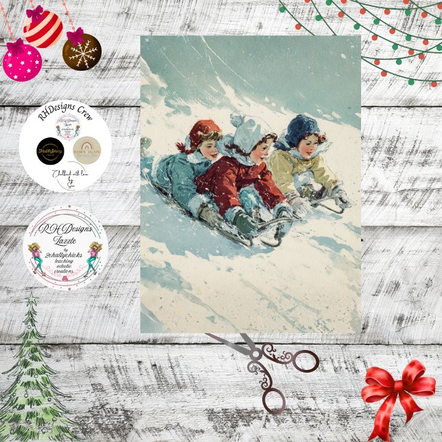 Decoupage Vintage Poster Children Sledding  Tissue Paper (Creator Uploaded)