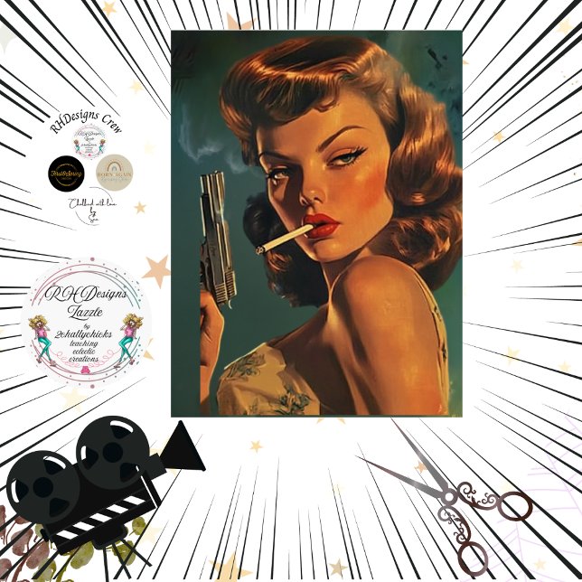 Decoupage Vintage Poster Girl Cigarette & Pistol Tissue Paper (Creator Uploaded)
