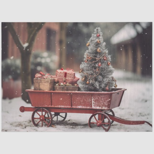 Decoupage Vintage Red Wagon Snow Scene Tissue Paper (Front)
