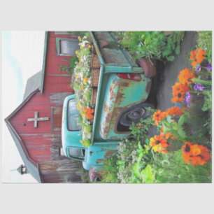 Decoupage Vintage Rusty Blue Truck Flowers Tissue Paper