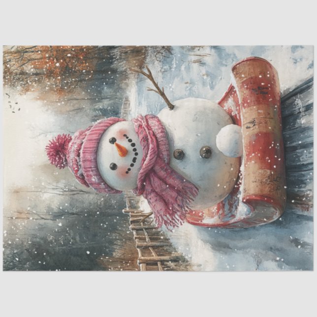 Decoupage Vintage Snowman on Sled  Tissue Paper (Front)