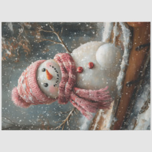 Decoupage Vintage Snowman Pink Scarf Sled Tissue Paper