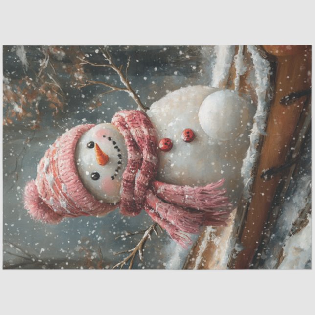 Decoupage Vintage Snowman Pink Scarf Sled Tissue Paper (Front)
