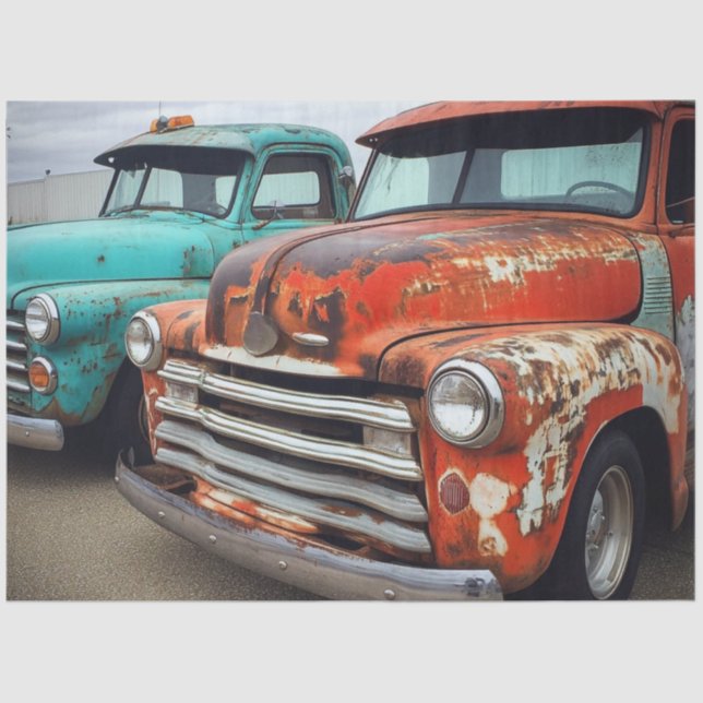Decoupage Vintage Trucks Turquoise & Red Tissue Paper (Front)