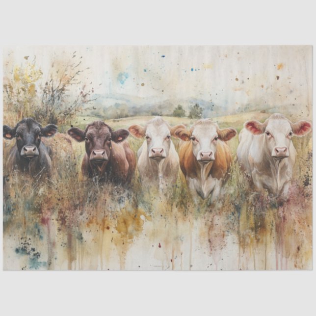 Decoupage Watercolor Highland Cow Lineup Rustic  Tissue Paper (Front)