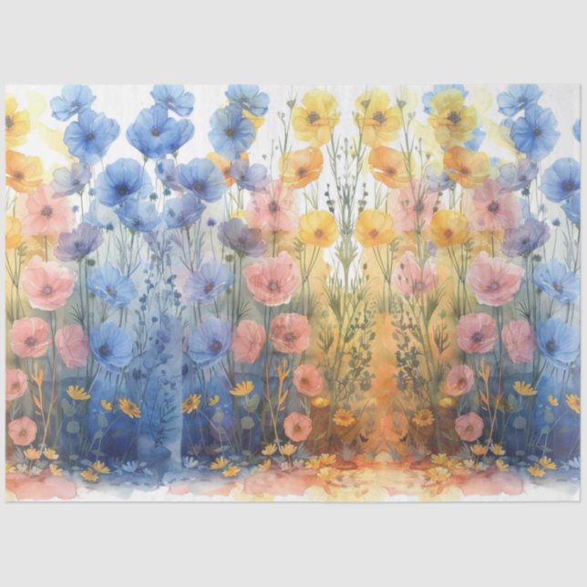 Decoupage Watercolor Poppies Blue & Yellow Tissue Paper (Front)