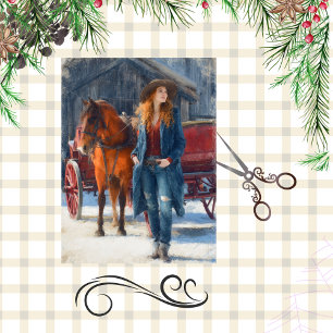 Decoupage Western Christmas Girl Red Barn Tissue Paper