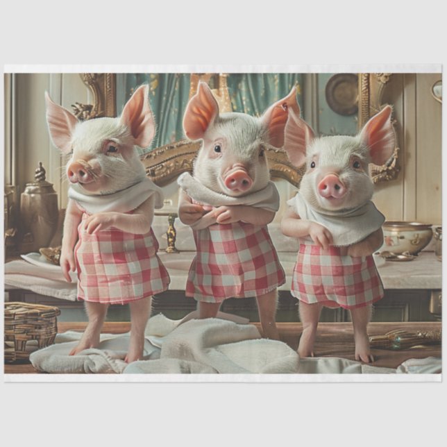 Decoupage Whimsical 3 Pigs Checkered Dresses  Tissue Paper (Front)