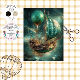 Decoupage Whimsical Airship Hot Air Balloon Greens Tissue Paper