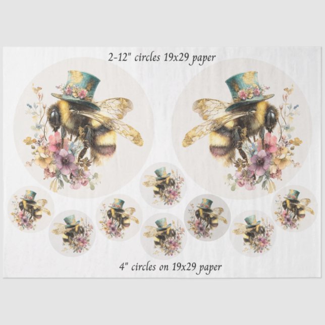 Decoupage Whimsical Bee 12" Rounds 4" Coasters  Tissue Paper (Front)