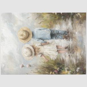 Decoupage Whimsical Boy Girl Walking Mud Road Tissue Paper