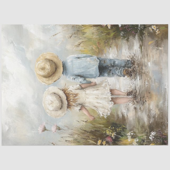 Decoupage Whimsical Boy Girl Walking Mud Road Tissue Paper (Front)