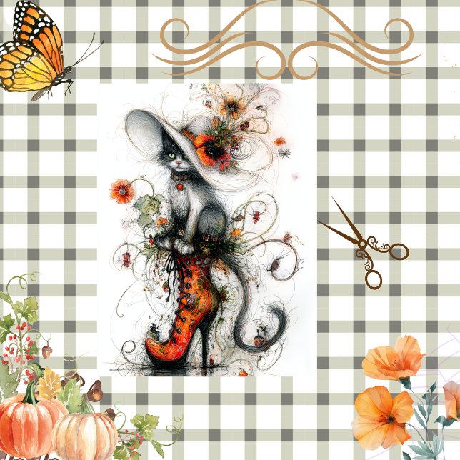 Decoupage Whimsical Cat in Stiletto Fall Artwork Tissue Paper (Creator Uploaded)