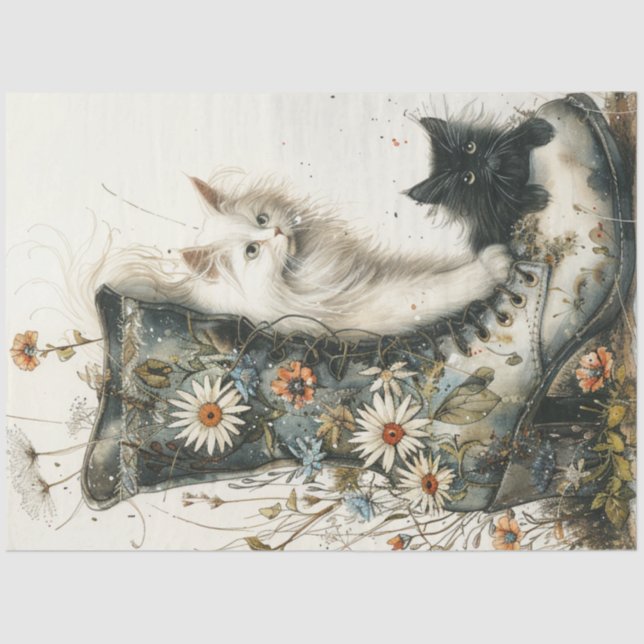 Decoupage Whimsical Cats & Vintage Boot Flowers  Tissue Paper (Front)