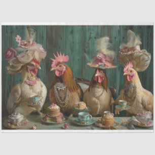 Decoupage Whimsical Chicken Chickadees Tea Party Tissue Paper