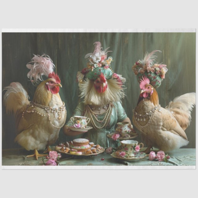 Decoupage Whimsical Chicken Tea Party  Tissue Paper (Front)