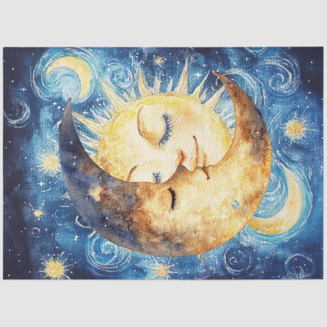 Decoupage Whimsical Crescent Moon Surrounding Sun  Tissue Paper (Front)