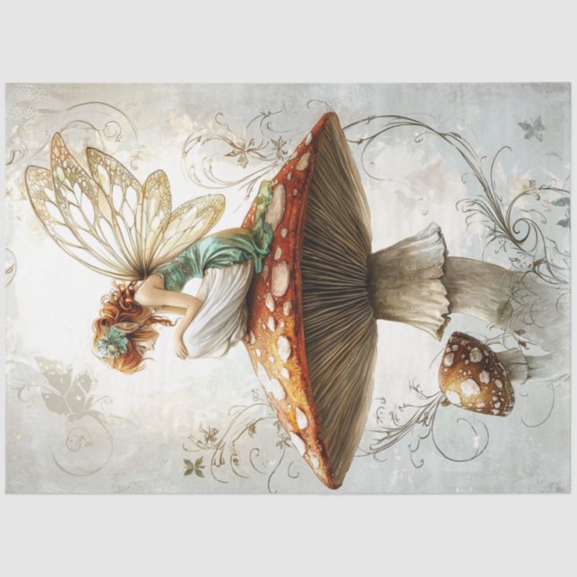 Decoupage Whimsical Fairy Red Mushroom Artwork  Tissue Paper (Front)